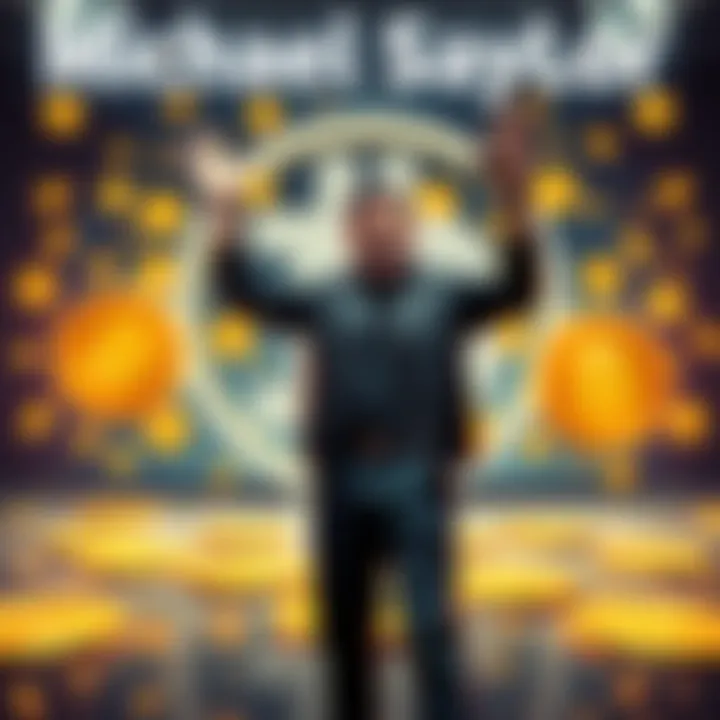 Michael Saylor stands with a backdrop of Bitcoin symbols, showing excitement over his recent purchase of 2,932 BTC, totaling 712,647 BTC.
