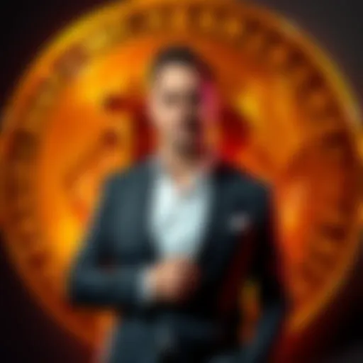 Michael Saylor standing confidently with a Bitcoin logo in the background, showcasing his recent $1.28 billion investment in Bitcoin, despite market challenges.