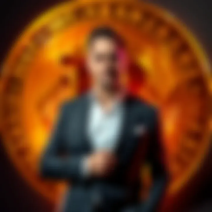 Michael Saylor standing confidently with a Bitcoin logo in the background, showcasing his recent $1.28 billion investment in Bitcoin, despite market challenges.