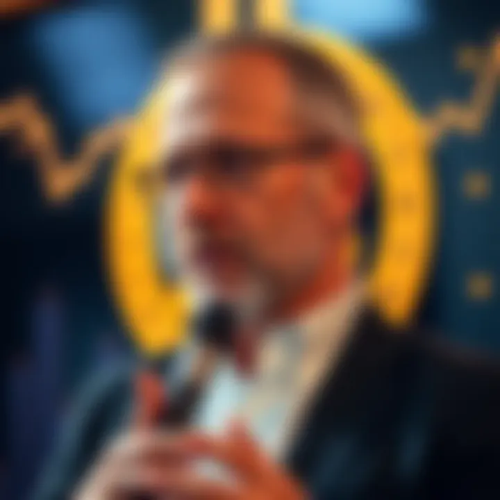 Michael Saylor with Bitcoin logo Michael Saylor discussing Bitcoin strategy with a Bitcoin logo in the background