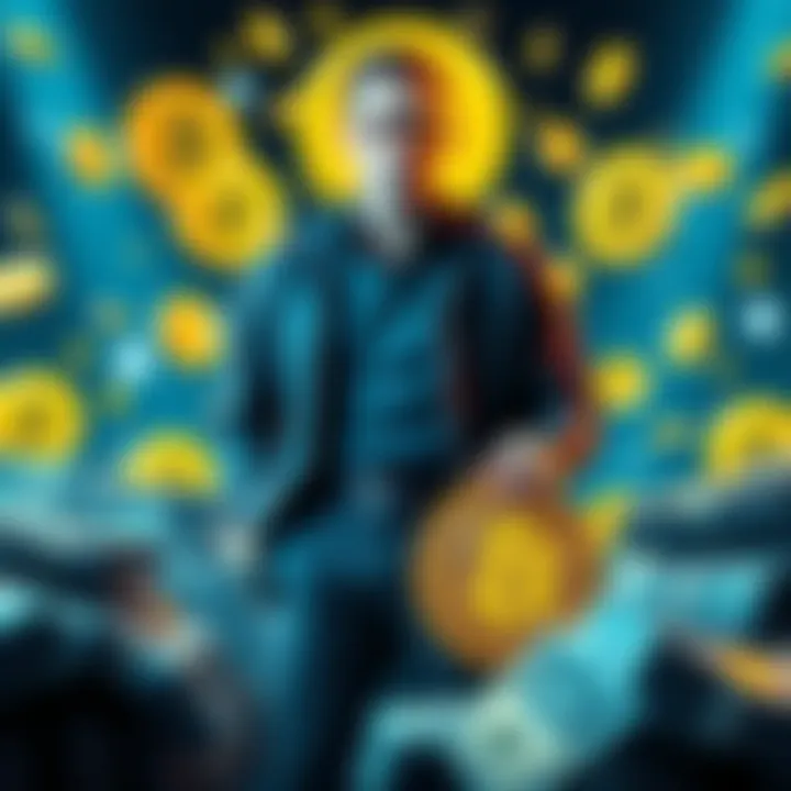 Michael Saylor stands confidently with Bitcoin symbols and cash reserves surrounding him, symbolizing potential success in trading.
