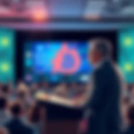 Michael Saylor speaking at a podium about Bitcoin with a divided audience in the background