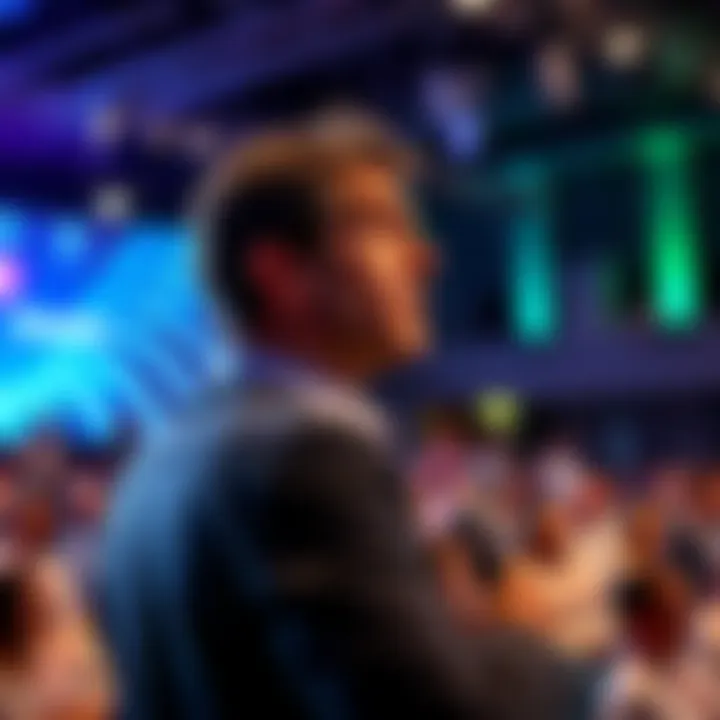 Michael Saylor presenting on stage, with a focused expression, during a cryptocurrency conference, engaging the audience with his ideas.