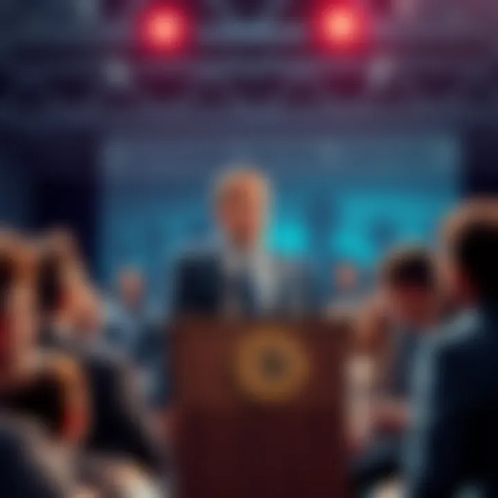 Michael Saylor speaking at a podium with a confused audience reacting to his statements about Bitcoin refinancing.