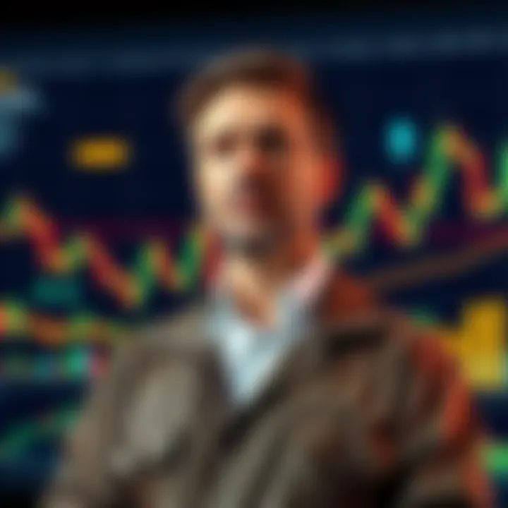 Michael Saylor standing with cryptocurrency graphs and charts in the background