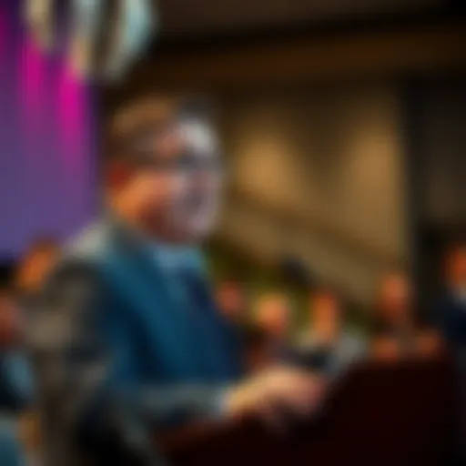 Michael Saylor speaking at a podium, expressing concern over Illinois 0.2% crypto tax law, with a serious expression and audience in background