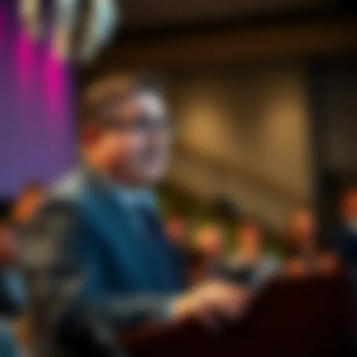 Michael Saylor speaking at a podium, expressing concern over Illinois 0.2% crypto tax law, with a serious expression and audience in background