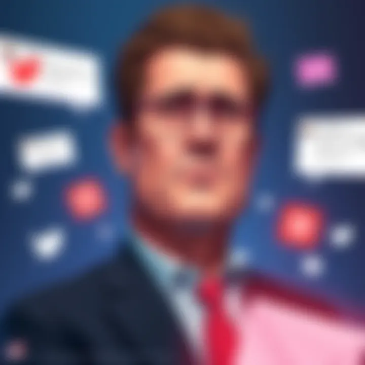 A digital illustration showing Michael Saylor with a concerned expression, surrounded by critical comments and social media icons.