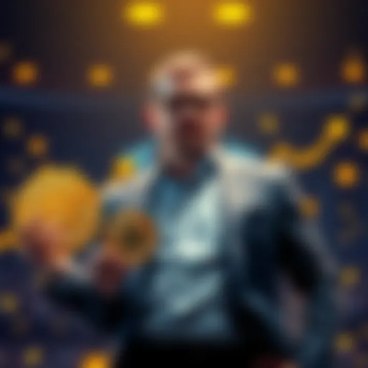 Michael Saylor Acquires Bitcoin Michael Saylor stands confidently with Bitcoin symbols and a chart showing an upward trend.
