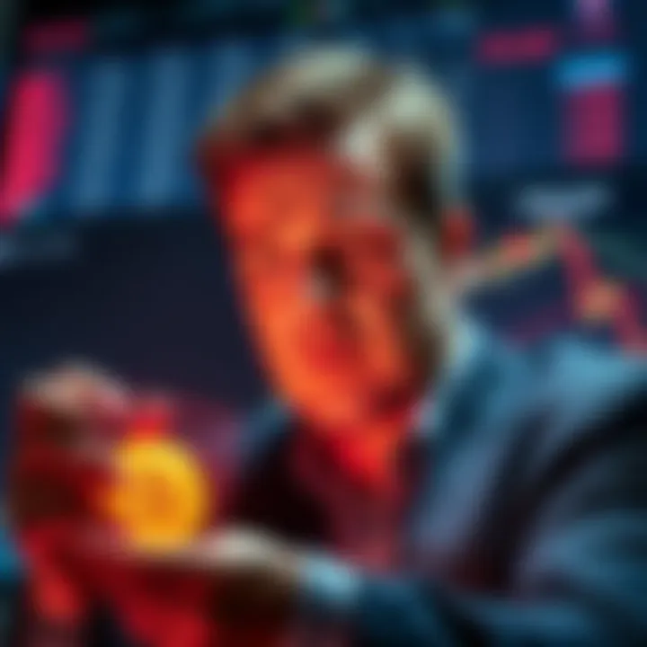 Michael Saylor analyzing a fluctuating Bitcoin price chart, with concern on his face.