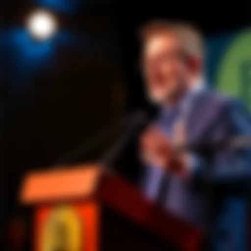 Michael Saylor standing at a podium, passionately discussing the decentralized nature of Bitcoin