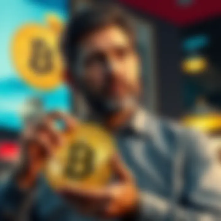 Michael Saylor contemplating a Bitcoin sale while holding a Bitcoin symbol, looking thoughtful