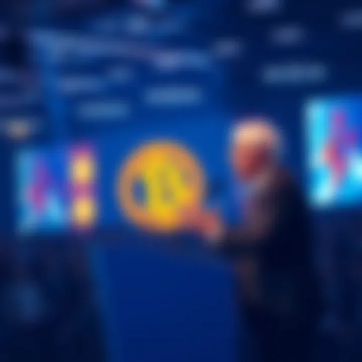 Michael Saylor at a podium, passionately discussing Bitcoin and Satoshi Nakamoto, with an audience in the background.