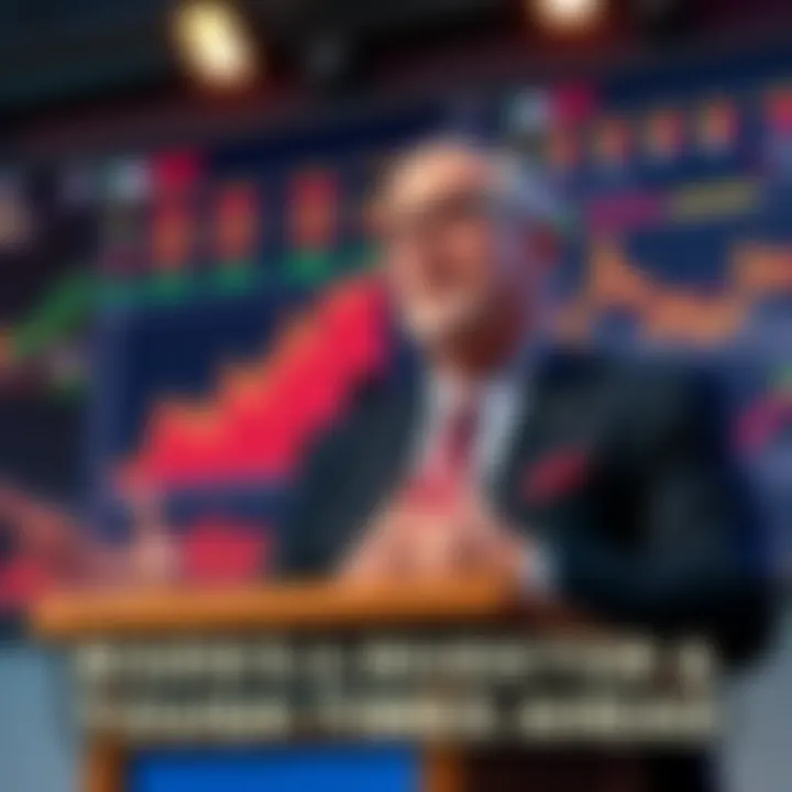 Michael Saylor standing at a podium, warning investors about upcoming economic challenges, with charts and graphs displayed behind him.