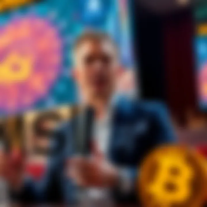 Michael Saylor speaks at a conference with Bitcoin visuals in the background while holding a sell sign.