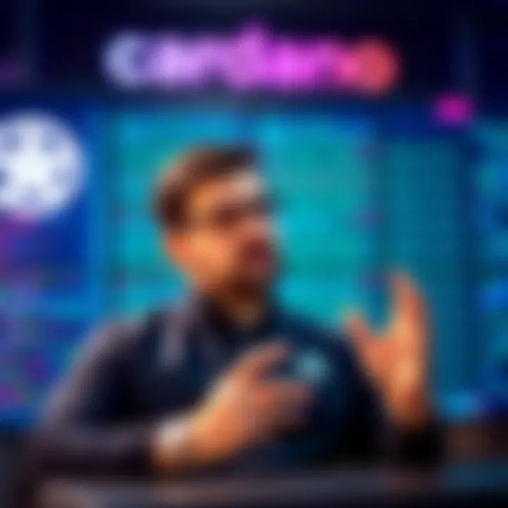 Michele Nuzzi explaining Pebble Smart Contracts with visuals of coding and Cardano logo in background