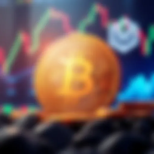 An illustration of a Bitcoin symbol with a background of stock market graphs and MicroStrategy logo.