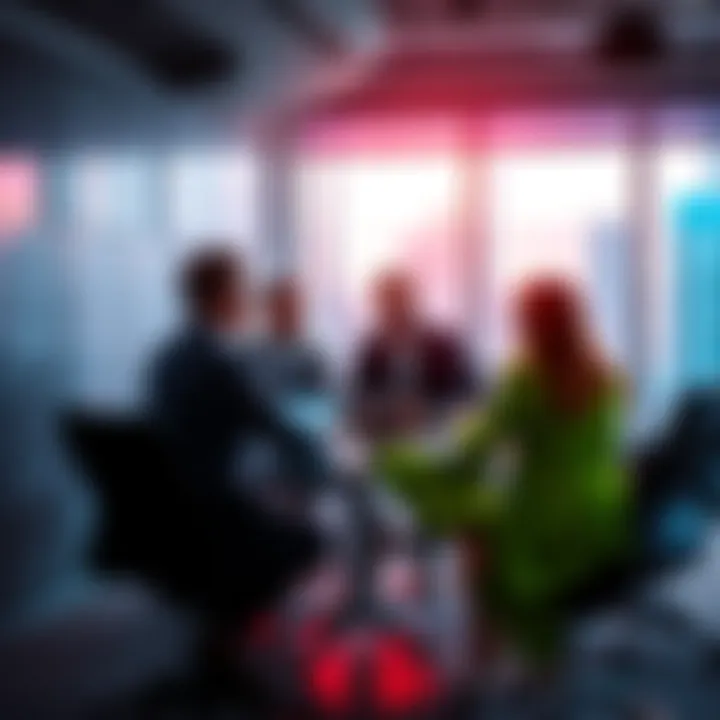 Team members discussing new strategies in a modern office environment.