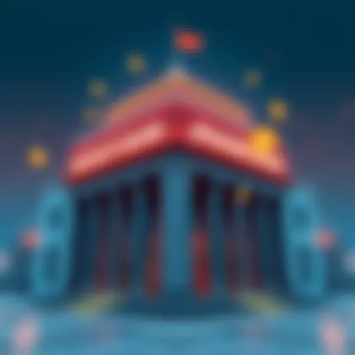 A representation of a bank building with digital currency symbols, illustrating the partnership between the largest bank in the Middle East and JPMorgan's blockchain network for real-time payments.