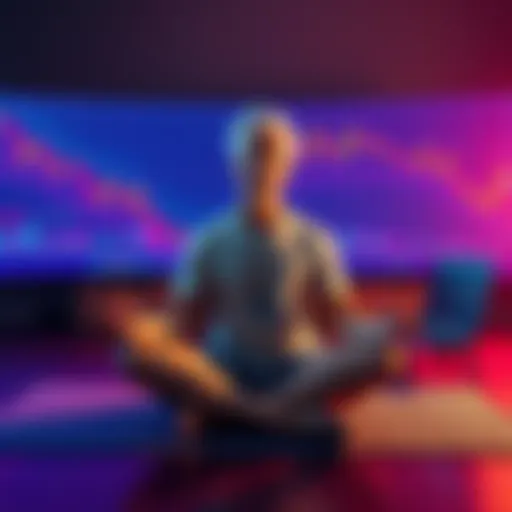 Individual sitting cross-legged on a yoga mat, practicing mindfulness with calm expression while cryptocurrency charts display declines on a laptop nearby