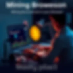 A person sitting at a desk, mining BrowserCoin using a laptop with a bright screen displaying blockchain graphics.