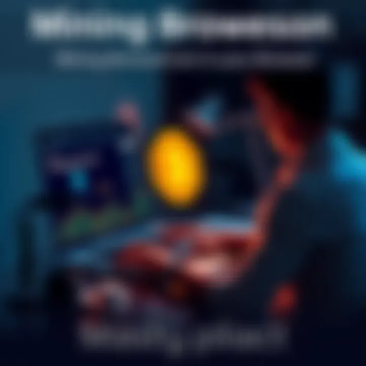 Mining BrowserCoin on a Laptop A person sitting at a desk, mining BrowserCoin using a laptop with a bright screen displaying blockchain graphics.