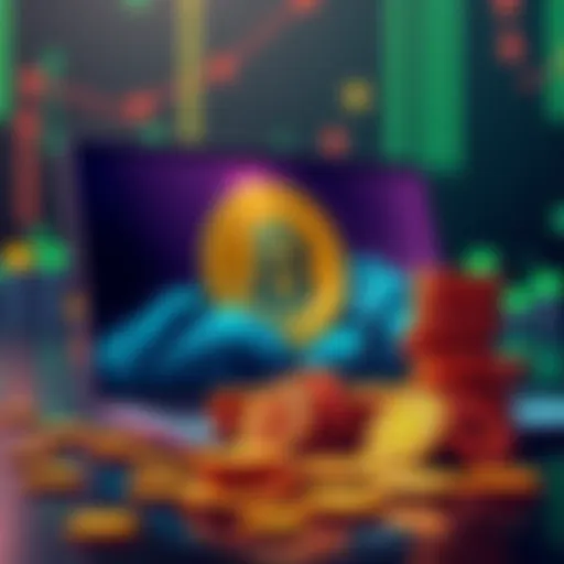 A visual representation of mining Pi coins, showcasing a laptop and coins