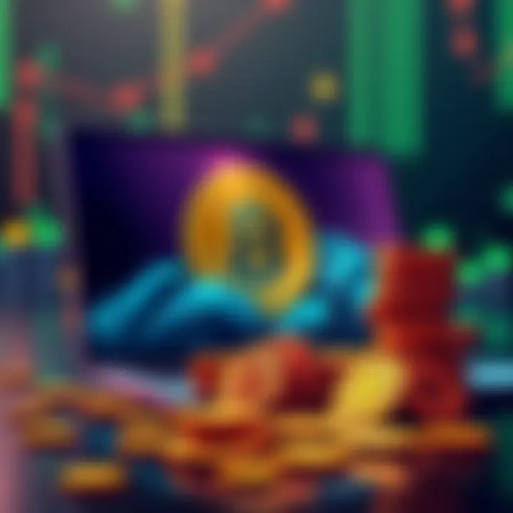 A visual representation of mining Pi coins, showcasing a laptop and coins