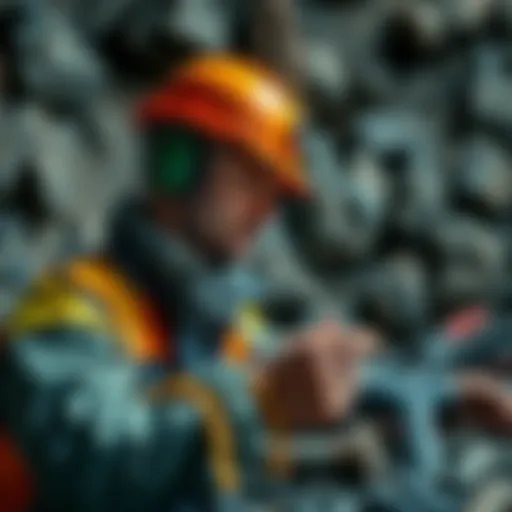 A person in a hard hat and safety gear examines a mining site with tools and equipment around them, ready to start the mining process.