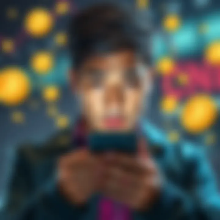 Missed Financial Opportunities A person looking at their phone with a worried expression, surrounded by symbols of investment and cryptocurrency, representing missed wealth opportunities