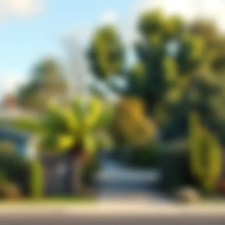 A neighborhood with cacti replacing the cute poofy trees, showing the contrast in plants.