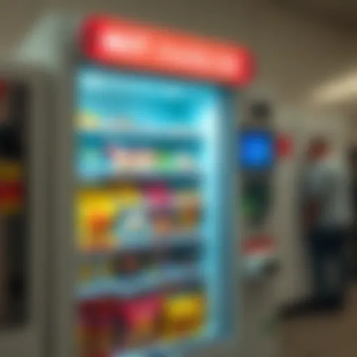 A snack machine at MIT Media Lab showing Bitcoin payment options via Lightning Network with snacks visible inside.