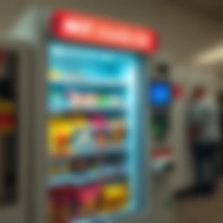 A snack machine at MIT Media Lab showing Bitcoin payment options via Lightning Network with snacks visible inside.