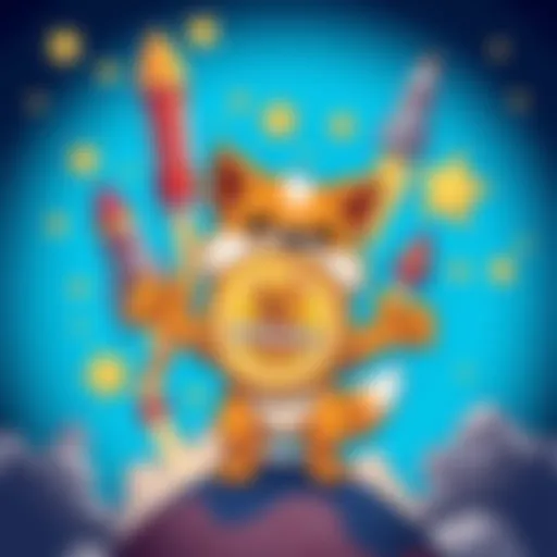 A cartoon dog holding a coin with the MIZUKI logo, surrounded by stars and rockets, representing excitement in cryptocurrency.