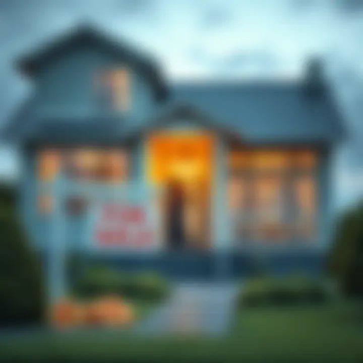 A stylish home with a 'For Sale' sign featuring Bitcoin symbols