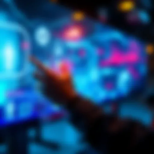 A person interacting with a futuristic touchscreen displaying various tech innovations