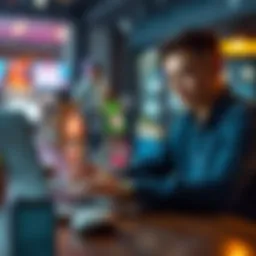 Person looking at a laptop with shopping cart icons, planning purchases for the week.