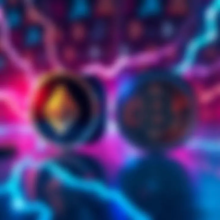 A visual comparison of Monero and Bitcoin Lightning Network logos with a background of digital currency symbols