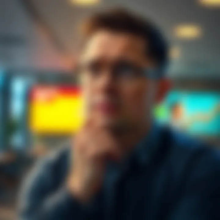 A person contemplating a large money transfer with a concerned expression