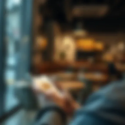 A person using a smartphone to make a Bitcoin payment at a cafe, with a digital wallet app displayed on the screen.
