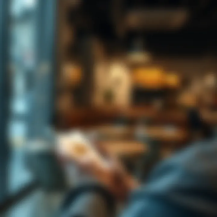 A person using a smartphone to make a Bitcoin payment at a cafe, with a digital wallet app displayed on the screen.