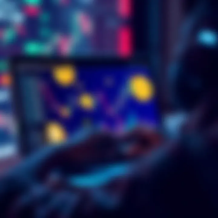 Morgan Stanley Spot Crypto Trading Person using a laptop with cryptocurrency icons on the screen, representing Morgan Stanley's spot crypto trading launch on E*Trade.
