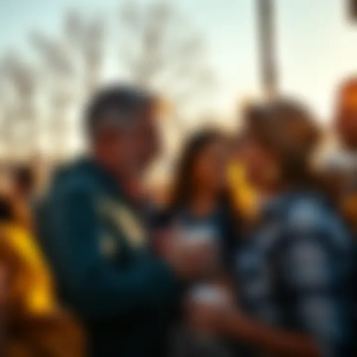 People exchanging greetings in the morning light, smiling and connecting positively.