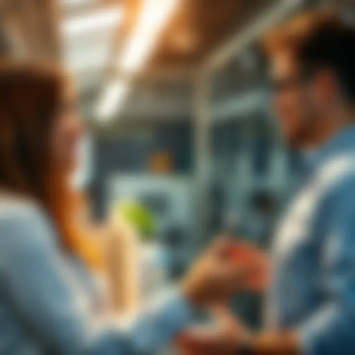 A smiling person greets a colleague in a bright office setting, promoting positive energy and teamwork.