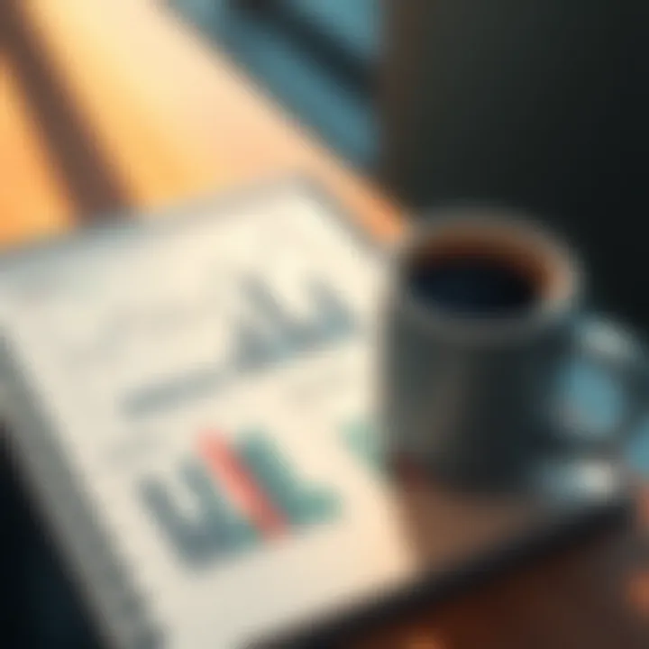 A close-up view of a financial portfolio notebook with charts and graphs reflecting recent market trends, alongside a cup of coffee, symbolizing morning insights.