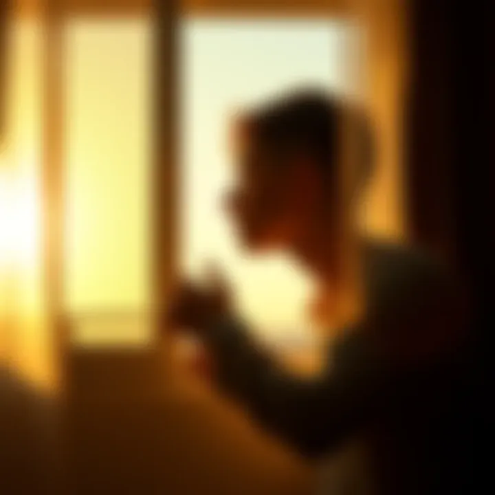 A person looking out of a window, appearing pensive as sunlight streams in, reflecting on daily life and patterns.