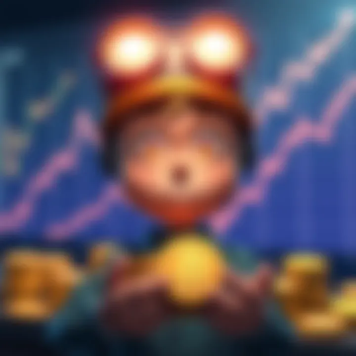 A cartoon character named Mr. Glow Eyes is holding shiny buttcoins, looking confused in front of a chart showing stagnant growth over five years.