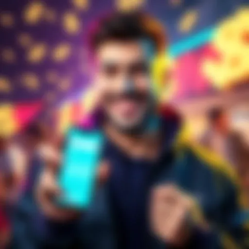 MrBeast smiles while holding a phone displaying a banking app, with dollar signs in the background