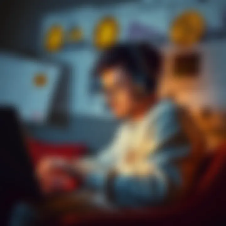 A person enjoying music while checking Bitcoin prices on a laptop, surrounded by Billboard Hot 100 charts