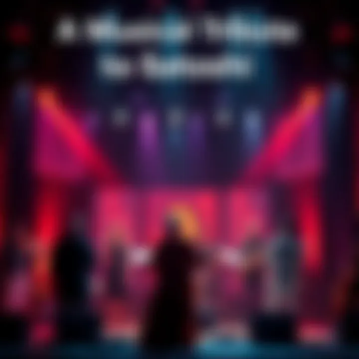 A group of musicians performing on stage, honoring Satoshi with their songs and instruments, creating a heartfelt atmosphere.